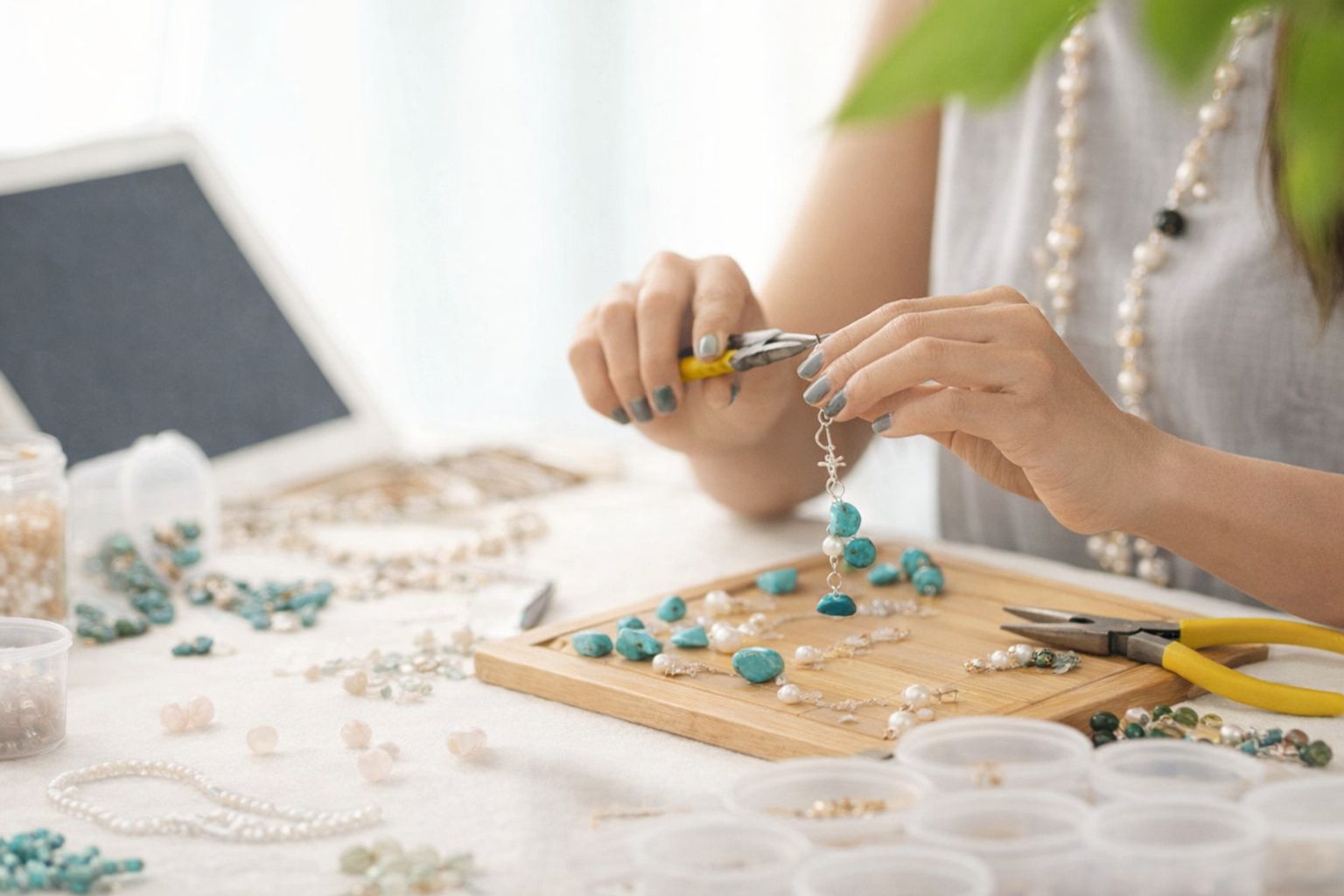 En person tillverkar och sorterar smycken med turkoser och pärlor vid ett arbetsbord.