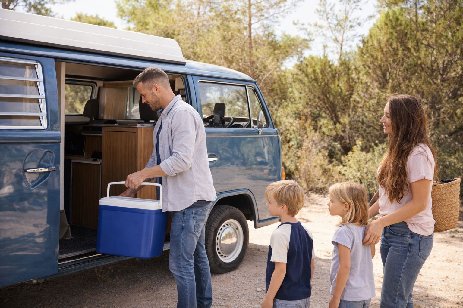 Familj lastar kylbox i blå skåpbil inför resa, skogsmiljö runtom
